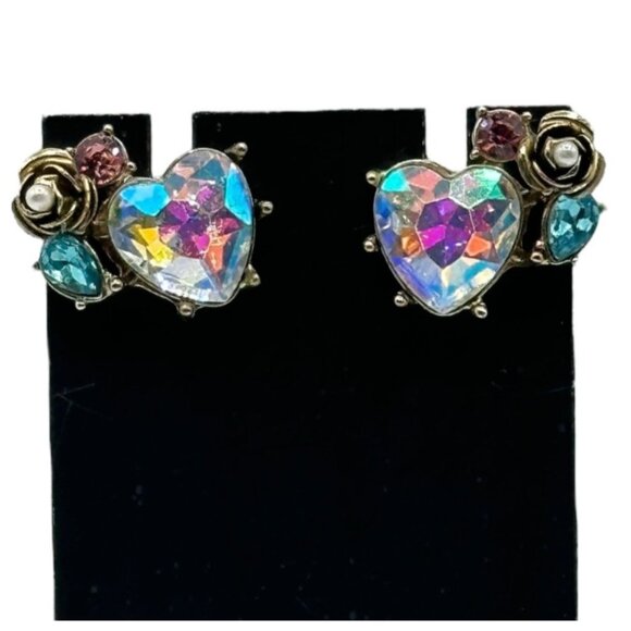 Heart Shaped Rhinestone Gold Tone Floral Stud Earrings With Iridescent Crystal - Picture 3 of 10